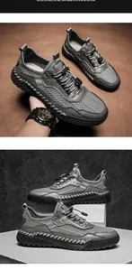 Scarpe sportive da uomo in rete grigia traspirante con suole cucite a mano e lacci