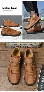 Detail view of brown men's mid-top casual leather boots in various angles and settings