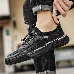 Scarpe sportive casual da uomo in mesh nero traspirante con dettagli cuciti estivi