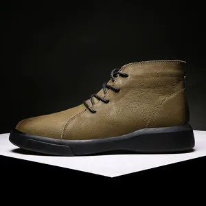 Men's olive green mid-top leather casual boots with durable black rubber sole