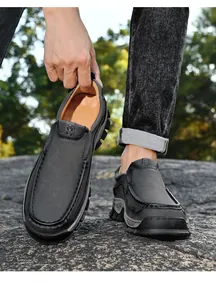 Detailed view of men's outdoor casual leather loafers with non-slip thick soles