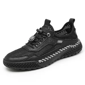 Sneakers casual da uomo in rete traspirante nera con eleganti dettagli cuciti a mano