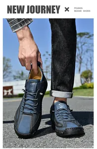 Close-up detail of blue pigskin leather slip-on casual shoes with a distressed finish