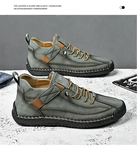 Close-up view showing the texture of grey-green leather mid-top casual shoes for men