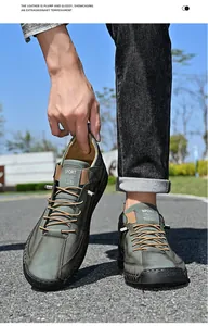 Detailed outdoor view of men's casual leather sport shoes with durable rubber soles.