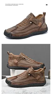 Detailed close-up view of men's brown mid-top casual leather boots with textured finish