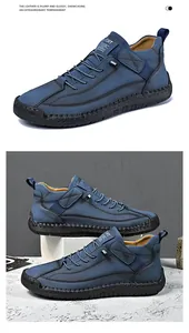 Close-up of blue men's leather boots displayed in studio and lifestyle settings on stone