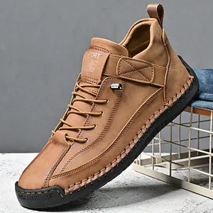 Men's Mid-Top Casual Leather Shoes Cowhide Upper Outdoor Work Boots Anti-Slip Rubber Sole Loafers Large Size Shoes