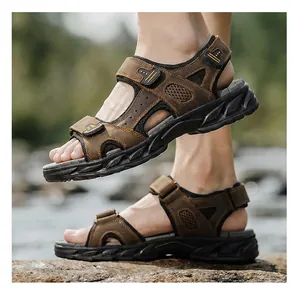 Men's outdoor sandals in brown genuine cowhide leather with adjustable straps