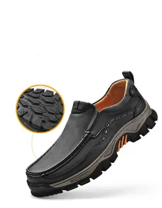 Men's outdoor casual leather shoes with a detailed view of the rugged non-slip sole