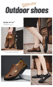 Detailed view of breathable hollow leather sandals for men in an outdoor environment