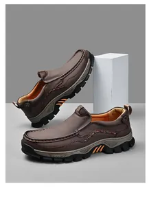 Durable brown leather slip-on loafers for men with non-slip rubber soles.