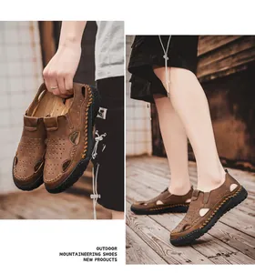 Detailed view of breathable brown leather men's sandals featuring hand-stitched craft