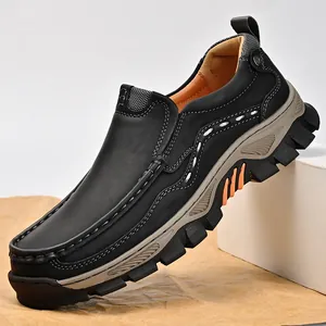 Men's outdoor slip-on leather shoes with rugged non-slip sole for casual work wear