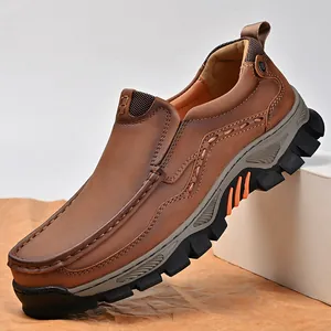 Men's brown leather slip-on loafers, outdoor casual work shoes with non-slip sole