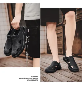Men's breathable hollow-out leather sandals shown in outdoor use and hand-held view
