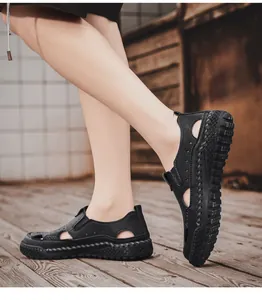 Men's breathable hollow-out leather sandals for summer beach wear in classic black