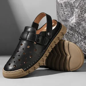 Men's breathable hollow leather sandals with dual-wear heel strap and thick non-slip sole