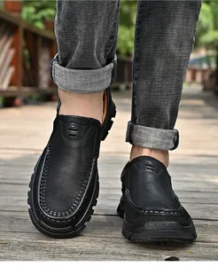 Mocassins décontractés pour hommes en cuir véritable noir avec semelle antidérapante