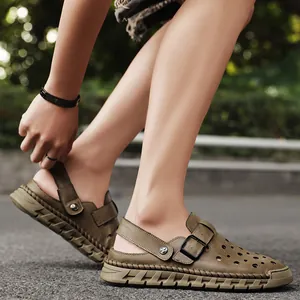 Men's breathable khaki hollow-out summer sandals for casual beach and outdoor wear