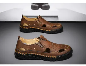 Brown leather hollow-out breathable men's sandals with hand-stitched soles and slip-on design