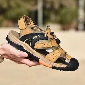 Men's Cowhide Leather Closed Toe Sandals Summer Outdoor Beach Shoes Anti-Slip Breathable Casual Large Size Fisherman Sandals