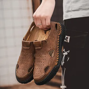 Handmade brown leather hollow-out breathable slip-on sandals for men beach wear