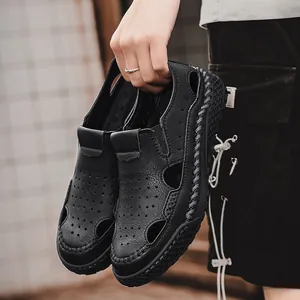 Summer breathable hollow-out leather men's sandals with handmade stitching
