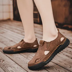 Men's breathable brown leather hollow-out sandals with hand-stitched rubber soles