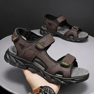 Premium brown genuine leather men's outdoor sandals with adjustable straps