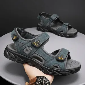 Durable men's leather outdoor sandals with triple adjustable straps and breathable mesh