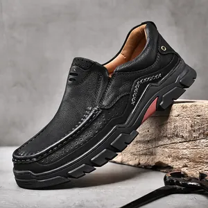 Mocassins pour hommes en cuir véritable avec semelle antidérapante en noir
