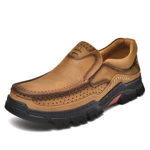 Mocassins en cuir marron pour hommes avec semelles en caoutchouc antidérapantes durables