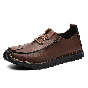 Men's brown leather casual outdoor shoes with non-slip thick soles and rope laces