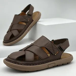 Men's Outdoor Closed Toe Sandals Microfiber Leather Breathable Hollow Beach Shoes Casual Soft Sole Summer Footwear Plus Size