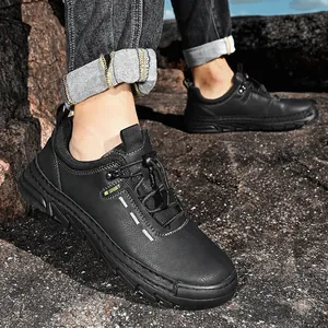 Durable black outdoor casual men's shoes with non-slip soles and quick-lace design.