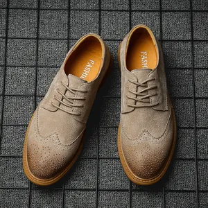 Detailed view of men's suede Brogue shoes with intricate perforated wingtip patterns