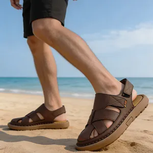 Durable brown men's closed-toe breathable sandals with soft sole for outdoor beach activities