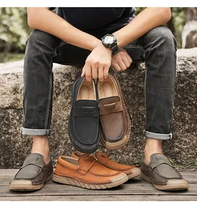 Detailed macro view showing diverse colors and hand-stitched leather of men's loafers