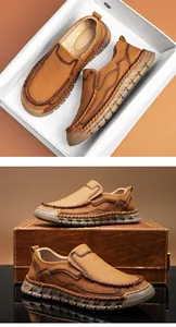 Detailed view of brown men's hand-stitched slip-on loafers with durable rubber sole