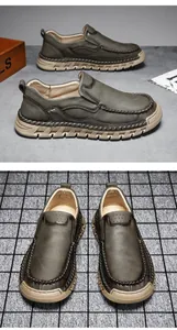 Detail of men's slip-on loafers with handmade stitching and soft flexible soles
