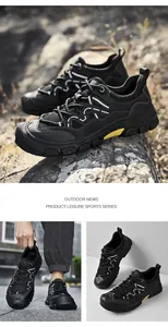 Kollage schwarzer atmungsaktiver Outdoor-Wanderschuhe für Herren mit rutschfesten Sohlen.
