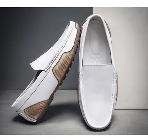 Mocasines de cuero genuino blanco para hombre, elegantes zapatos casuales para otoño