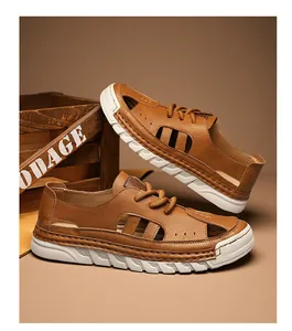 Close-up profile of the cutout texture and thick white sole on brown leather sandals.