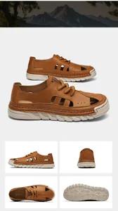 Detailed view of men's breathable hollow-out brown leather sandals with soft sole