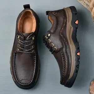 Chaussures de travail décontractées pour hommes en cuir marron avec semelles antidérapantes