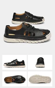 Detailed macro views showing the black hollow-out leather design and beige anti-slip sole