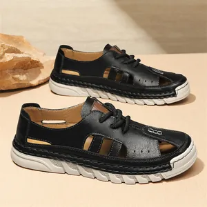 Breathable hollow-out men's beach sandals with soft soles in classic black leather