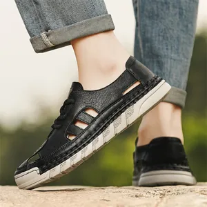 Breathable men's black hollow-out casual sandals with soft white anti-slip soles