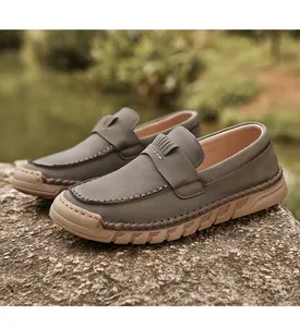 Close-up of retro handmade men's slip-on loafers with durable rubber sole
